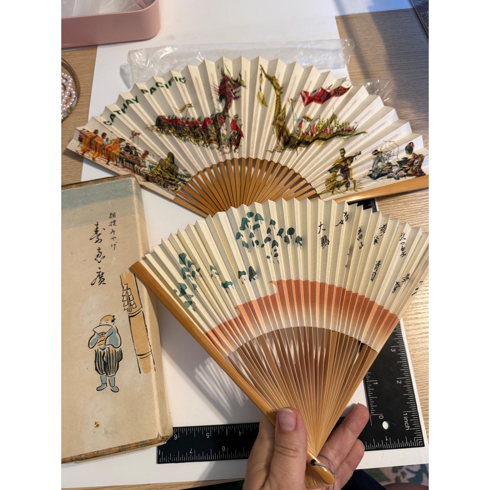 Vintage Cathay Pacific Dragon Boat Hand Fan & Japanese Calligraphy Fan Set Boxed